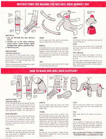 the instructions for making sock monkey toys are shown in red and white text, which reads instructions