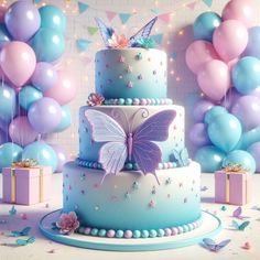 a three tiered cake with blue frosting and purple butterflies on top, surrounded by balloons