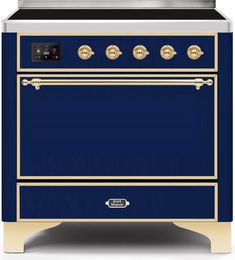 a blue oven with gold trimmings on the front and bottom, against a white background