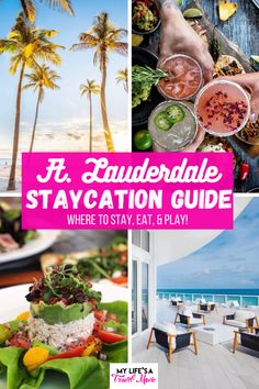 food and drinks on the beach with text overlay that says it's saturday staycation guide where to stay, eat & play