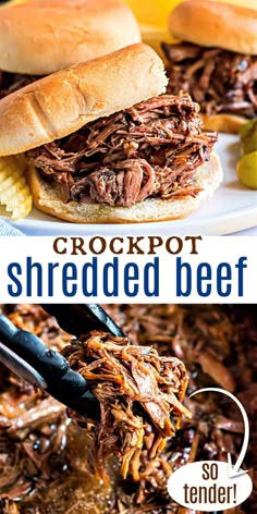 the crockpot shredded beef sandwich is being served on a plate with pickles