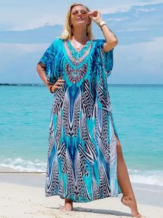 Bohemian Seaside Plus Size Print Kaftan Maxi Dress V Neck Slit Loose Robe Women 2024 Summer Beachwear Swimsuit Cover-ups Q1415 Maxi Dress V Neck, Bohemian Beach Dress, Robe Women, Kaftan Maxi Dress, Beachwear Collection, Printed Robe, Boho Mini Dress, Oversized Dress, Vestidos Vintage