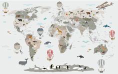 the world map with animals and hot air balloons in different colors, sizes and shapes