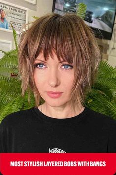 Heavily Layered Bob with Choppy Fringe Short Shag With Bangs Fine Hair, Shaggy Bob For Fine Hair Round Faces, Fringe Wispy, Bob With Side Fringe, Choppy Layered Bob Hairstyles, Occipital Bone, Olivia Hair