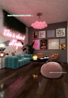 this is an image of a living room with pink and teal decor on the walls