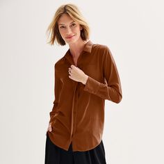 This women's draped shirt from Nine West is designed with you in mind.Click on this WOMEN'S GUIDE to find the perfect fit and more! This women's draped shirt from Nine West is designed with you in mind.Click on this WOMEN'S GUIDE to find the perfect fit and more! Button front Long sleeves with cuffed hems Chest pocketFIT & SIZING Loose, draped designFABRIC & CARE Polyester Machine wash Imported Size: X Small. Color: Bittersweet Cocoa. Gender: female. Age Group: adult. Clothes For Petite Women, Draped Shirt, Petite Size Chart, Designer Drapes, Petite Women, Womens Size Chart, Knit Shirt, Petite Size, Nine West