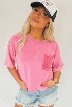 Pink Acid Wash Lace Patch Pocket T-shirt Fishnet Top, Pink Tee, Pocket Shirt, Swimwear Cover Ups, Pink Tshirt, Pretty Pastel, Pocket Tshirt, Sweater Blouse, Pocket Tee