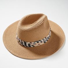 Straw Panama Hat With Plaid Print Strap. Casual Beige Woven Hat Band, Beige Casual Hat Band, Beige Adjustable Casual Hat Bands, Casual Beige Hat Bands For Vacation, Casual Beige Fedora One Size Fits Most, Gucci Bucket Hat, Straw Panama Hat, White Baseball Cap, Packable Hat