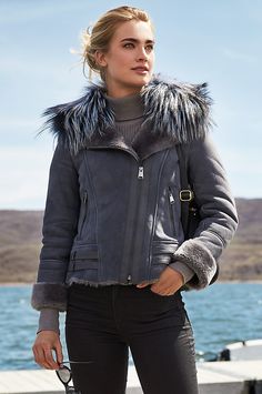 Moto meets glamour in a sheepskin bomber that begs to be worn everywhere. Free shipping   returns. Shearling Coat Womens, Winter Coat Outfits, Vintage Retro Clothing, Sheepskin Coat, Trim Jacket, Flight Jacket, Belted Coat, Leather Shirt, Shearling Coat