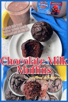 chocolate milk muffins on a plate next to a cup of coffee