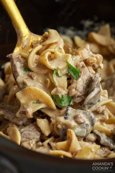 a spoon full of pasta with meat and mushrooms