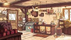 a drawing of a store with many items on the shelves