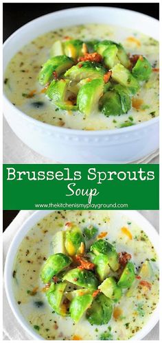 broccoli and brussels sprouts soup in a white bowl