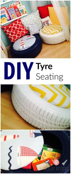 there are pictures of different types of items on the table with words diy tyre seating