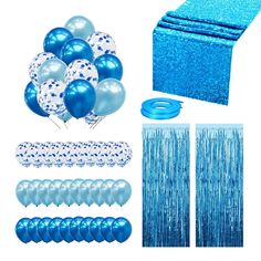 blue party supplies including balloons and streamers