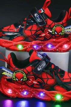 Light up their day with our Spiderman LED Sneakers Shoes! Perfect for little superheroes, these shoes feature fun LED lights that flash with every step. Let their Spidey senses shine! #comfychildrenshoes #spiderman #ledsneakers #superherostyle #USIndependencedaysale Casual Sneakers With Studded Rubber Outsoles, Casual Sneakers With Studded Rubber Outsoles And Closed Toe, Multicolor Sneakers With Studded Rubber Outsoles, Synthetic Running Shoes With Rubber Sole For Walking, Running Walking Shoes With Rubber Sole And Round Toe, Red Sneakers With Rubber Sole For Outdoor Activities, Red Sneakers With Rubber Sole For Outdoor, High-top Synthetic Slip-on Sneakers For Outdoor, Dynamic Slip-on Sneakers With Round Toe For Light Sports