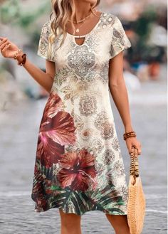 Color:Multi Color;Size:S;Size:M;Size:L;Size:XL;Size:XXL;Package Contents:1 X Dress;Occasion:Other;Style:Casual; Round Neck Dress, Adored Vintage, Round Neck Dresses, Retro Vintage Style, Line Dress, Floral Print Shorts, Retro Outfits, Chic Dress, Cut And Color