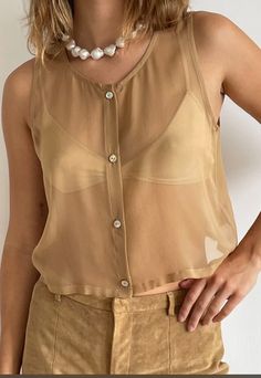 Runs true to size mesh top oversized look Mesh Vest, Silk Vest, Vest Set, Mother Of Pearl Buttons, Silk Chiffon, Button Detail, Vintage Denim, Mesh Top, Everyday Fashion