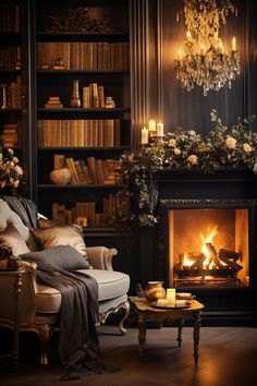 a living room filled with furniture and a fire place in front of a bookshelf