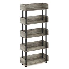 a wooden shelf with metal legs and four shelves on each side, in grey wood