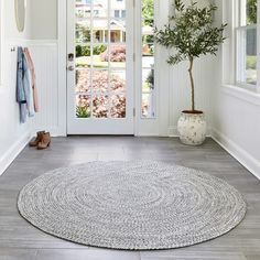 a door way with a rug on the floor and a potted plant