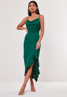 Missguided Green Satin Ruffle Side Cami Midi Dress Lyst Dark Green Midi Dress, Green Satin Dress, Midi Bridesmaid Dress, Cami Midi Dress, Draped Midi Dresses, Cocktail Gowns, Midi Ruffle Dress, Satin Midi Dress, Green Midi Dress