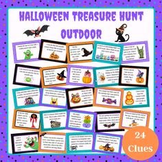 halloween treasure hunt outdoor activities for kids with pictures and words on the front, in purple polka dots