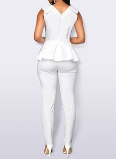 V-neck Ruffle Sleeveless Business Jumpsuit White Sleeveless Ruffled Jumpsuit, White Sleeveless Jumpsuit With Ruffles, White Sleeveless Ruffled Jumpsuits And Rompers, Elegant Sleeveless Ruffled Jumpsuits And Rompers, Sleeveless Ruffled Peplum Top For Party, Sleeveless Peplum Top With Ruffles For Party, Chic Sleeveless Peplum Top For Party, Fitted Sleeveless Jumpsuit With Ruffles, White V-neck Jumpsuit With Ruffles