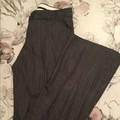 Theory Brand Gray Dress Pants, With Light Stripe Pattern Throughout. New Without Tags, Never Been Worn. Fitted Cotton Wide Leg Pants For Business Casual, Fitted Wide-leg Cotton Dress Pants, Fitted Cotton Wide-leg Dress Pants, Striped Fitted Wide-leg Bottoms, Striped Fitted Wide-leg Pants, Fitted Striped Wide-leg Pants, Fitted Formal Wide Leg Cotton Pants, Fitted Cotton Wide Leg Pants For Formal Occasions, Fitted Formal Cotton Wide Leg Pants