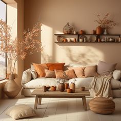 a living room filled with lots of furniture next to a wall mounted shelf full of potted plants