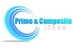 the prime & compositeite logo is shown on a white background with blue and pink swirls