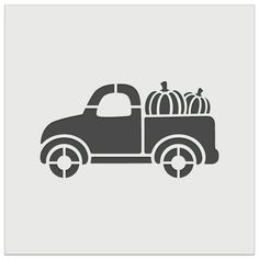 an old pick up truck with pumpkins on the flatbed, black and white illustration