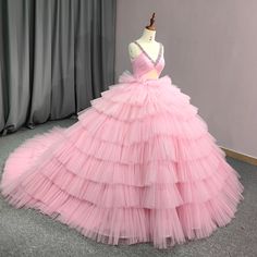 Tiered Pink Tulle Ball Gown - V-Neck Pleated Evening Dress with Crystal Beadings Pink Tulle Ball Gown For Evening, Tiered Tulle Gown For Debutante Ball, Tiered Tulle Ball Gown For Weddings, Tiered Organza Gown For Wedding, Tiered Tulle Gown For Wedding, Tiered Organza Wedding Gown, Tulle Balls, Tulle Ball Gown, Soft Tulle