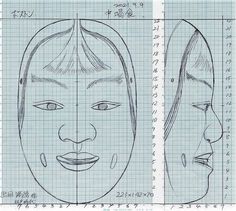 two drawings of faces on graph paper with words written in chinese and japanese characters below