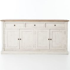 an old white wooden cabinet with drawers and cupboards on the bottom, against a white background