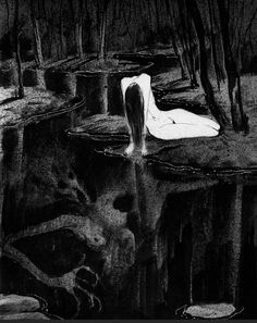 a black and white drawing of a body of water in the middle of a forest