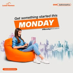 a woman sitting on an orange bean bag chair with her laptop in her lap and the words get something started this monday