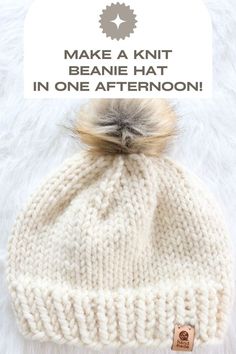 chunky knit beanie hat Knit A Hat For Beginners, Beginner Knit Hat, How To Knit A Hat, Knit Hat Pattern Easy, Knit A Hat, Bulky Yarn Patterns, Beginner Knit, Easy Knit Hat