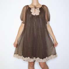 60s Brown Babydoll Nightgown (Large) Babydoll Dress Nightwear, Short Puffy Sleeves, Babydoll Nightgown, Black Babydoll, Lace Trim Shorts, Vintage Nightgown, Big Clothes, Puffy Sleeves, Vintage Lingerie