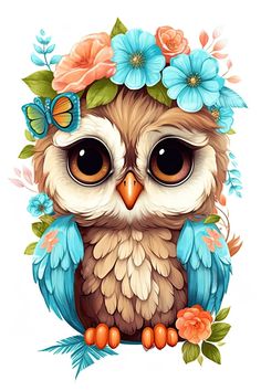 an owl with flowers and butterflies on its head is sitting in front of a white background