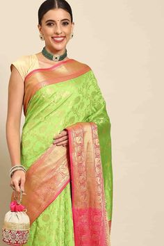 Product Features: Saree: Saree as seen in picture - Choose the drape style while order: Standard, Pleated or Gujarati Saree Color: Parrot Green Saree Fabric: Art Silk Saree Style: Handloom Saree Saree Work: Woven Design Saree Pattern: Regal Weave Saree Print: zari Blouse: Blouse design must be chosen while ordering. For the blouse in pic, please choose the selection "As seen in picture" or customize your selection. Blouse Color: Parrot Green Blouse Fabric: Art Silk Wash Care: Dry Clean Only Occa Parrot Green Saree, Gujarati Saree, Saree Pattern, Baluchari Saree, One Minute Saree, Saree Work, Brocade Saree, Design Saree, Parrot Green