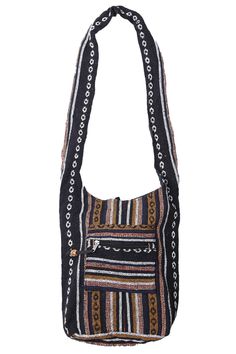 "Our Sunshine Joy Woven Shoulder Hobo Bags are perfect for the person on the go. Great for trips to the beach, camping, festivals, picnics, a night out and more.  These high-quality bags feature a sturdy double interlocking \"lockable\" zipper top, a secure, zippered pocket on the outside of the bag, and an inner pouch.   This bag measures approximately 13 x 14 x 4 inches (H x L x W) with a 20\" fixed strap.  100% cotton. Made in India." Summer Outdoor Shoulder Bag With Zipper Closure, Bohemian Black Shoulder Bag With Cell Phone Pocket, Summer Outdoor Bag With Zipper Closure, Summer Outdoor Bags With Zipper Closure, Black Shoulder Bag With Cell Phone Pocket For Festivals, Black Bags For Outdoor Summer Activities, Multicolor Outdoor Shoulder Bag With Zipper Pocket, Black Outdoor Bags For Summer, Black Tote Shoulder Bag For Festival