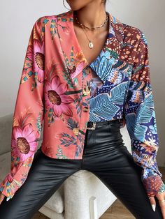 Colourful Blouse, Vibrant Colorful Printed Blouse, Pattern Shirt Outfit, Tropical Multicolor Floral Print Shirt, Multicolor Printed Button-up Blouse, Multicolor Block Print Long-sleeve Blouse, Satin Shirts, Colorful Blouses, Non-stretch Multicolor Floral Print Blouse