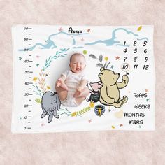 a baby is sitting in front of a growth chart with an elephant and rhinoceros on it