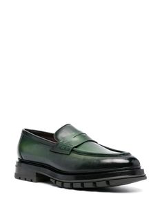 Santoni penny-slot Leather Loafers - Farfetch Green Formal Slip-ons With Round Toe, Green Leather Sole Slip-ons, Classic Green Leather Slip-ons, Green Slip-ons With Leather Sole, Classic Green Loafers With Brogue Detailing, Green Leather Work Shoes With Leather Sole, Green Business Loafers With Leather Sole, Green Leather Shoes With Leather Sole For Work, Green Leather Shoes For Work With Leather Sole