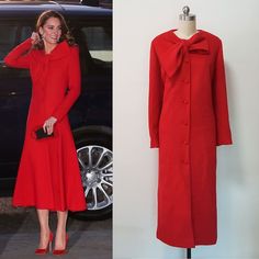 Red Wool Coat For Winter Formal Events, Red Wool Coat For Winter Formal, Kate Middleton Christmas, Red Coat Winter, Kate Middleton Style Dresses, Long Teal Dress, Coat Dresses, Bow Coat, Red Winter Coat