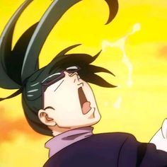 an anime character with black hair pointing at something in his hand and looking up to the sky