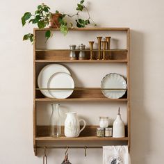 a shelf filled with dishes and plates next to a wall mounted potted plant on top of a wooden shelf