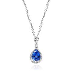 14K White Gold Regal Drop Sapphire Necklace. An elegant and classic piece that will be passed down through generations. This vibrant sapphire and diamond drop shaped pendant will elevate your evening look. White Gold Sapphire Necklace, Evening Look, White Gold Sapphire, Necklace Design, Sapphire Necklace, Diamond Drops, Gold Pendant Necklace, Necklace Designs, Gemstone Necklace