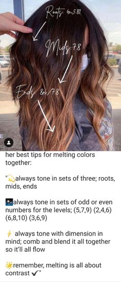 Balayage master @coloredbyliz offers tips to melt colors together Melted Copper Hair, Dark Hair Color Melt, Colour Melt Hair Brunette, Diy Color Melt Hair At Home, How To Root Melt At Home, Dark Color Melt, Chocolate Melt Hair, Red Color Melt Hair, Brown Color Melt